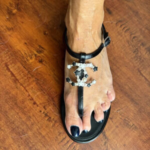 Chanel shoes slingback sandals leather Pearl silver stars 38.5 black new